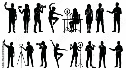 Social Media Influencer Silhouettes, Content Creator, Vlogger, Livestream, Smartphone Recording Vector Set
