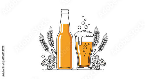 Minimalist line art illustration of a beer bottle and full glass with foam surrounded by decorative wheat ears and hop cones on white.