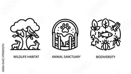 Collection of simple icons symbolizing wildlife habitat, animal sanctuary, and biodiversity with trees, birds, rabbits, dogs, fish, and insects.