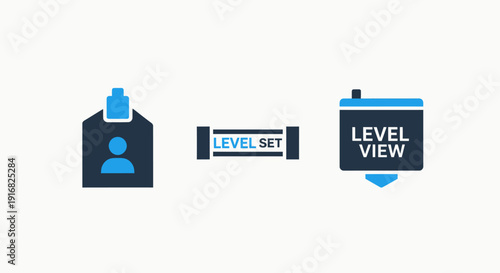 Graphic icons representing user management, level sets, and viewing levels in software or applications, using blue and dark grey colors.