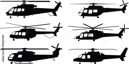 Black silhouette illustrations of helicopters, aviation design, rotorcraft models, military aircraft, transport helicopter, civilian aviation, flight icon, sky vehicle, aviation art