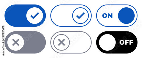 Vector set of blue and gray toggle switches in filled and outlined styles with check and cross icons, including ON and OFF text versions.