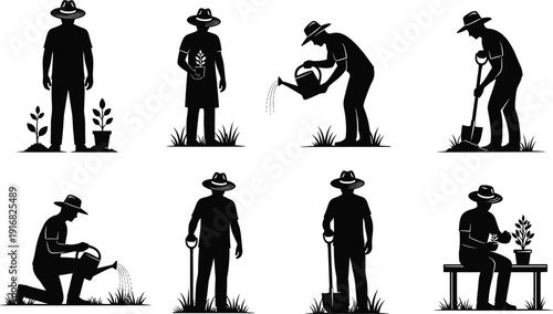 Black silhouette illustrations of gardening activities, planting, watering, digging, nurturing plants, horticulture, outdoor work, farmer, gardener, nature care, agriculture