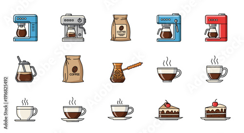 Icons showing coffee related items including espresso machines, coffee bags, carafes, hot cups, and delicious slices of chocolate cake.