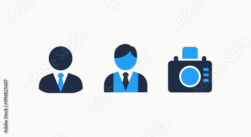 Icons of business professionals and a camera. Represents photography, business meetings, and personnel. Flat design with blue and dark blue accents.