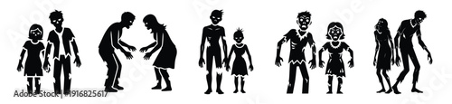 Collection of Happy Halloween zombie couple silhouette icon set. Vector illustration on white background.