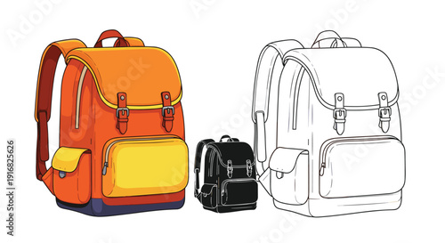 Three school backpacks in different styles including a colorful orange version, a small black one, and a white line art outline on white.