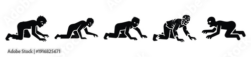 Collection of Happy Halloween zombie crawling silhouette icon set. Vector illustration on white background.