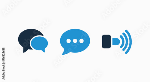 Communication icons: chat bubbles, speech bubble with dots, and speaker symbol, in dark blue and bright blue on a white background.