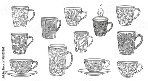 Collection of twelve tea and coffee cups with different intricate black and white patterns and textures on plain white background.
