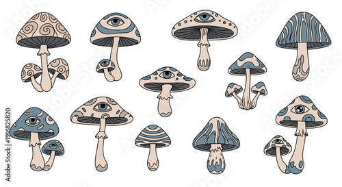 Set of mystical mushrooms with eyes and various patterns on their caps in shades of blue and beige on a white background for art.