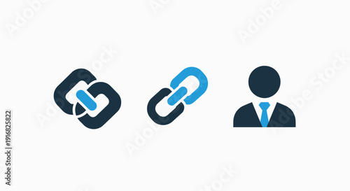 Icons representing connections and user profiles, showing linked squares, a chain link, and a silhouette of a person in a suit, in modern blue and dark blue colors.
