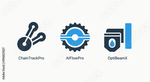 Tech icons representing data chain tracking, AI flow processing, and an optibeam device, in a futuristic blue and dark blue aesthetic for advanced technology concepts.
