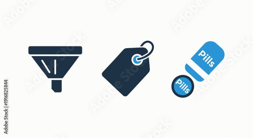 Sales Funnel, Pricing Tags, and Pharmaceutical Pills Icons Representing Marketing, Commerce, and Healthcare