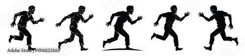 Collection of Happy Halloween zombie running silhouette icon set. Vector illustration on white background.
