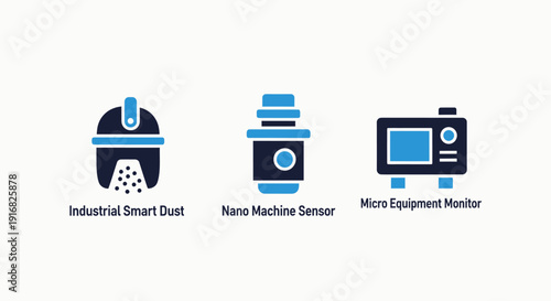 Set of modern flat icons for industrial technology, nano sensors, and equipment monitoring, featuring blue and dark navy color palette.