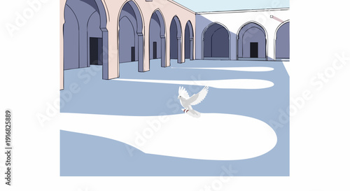 A white dove with outstretched wings lands in the sunlit courtyard of a traditional Middle Eastern building with arched walkways and a light blue floor, rendered in a clean vector style.