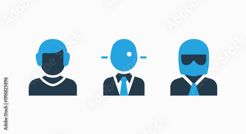 Set of stylized user profile icons representing different roles and identities, including a pilot and a businessman.