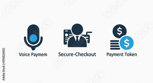 Icons for Modern Payments: Voice Payment, Secure Checkout, and Payment Token. Vector illustrations for digital transactions and financial technology concepts.