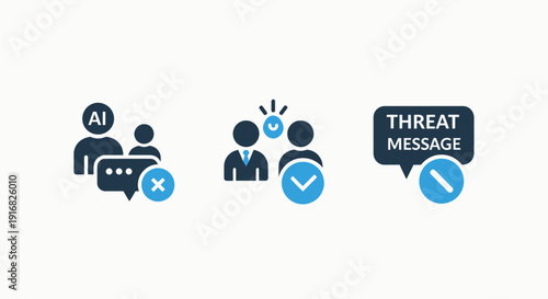 Communication and AI icons: AI person, conversation, threat message, and confirmation check, illustrating AI chat, feedback, and alerts.