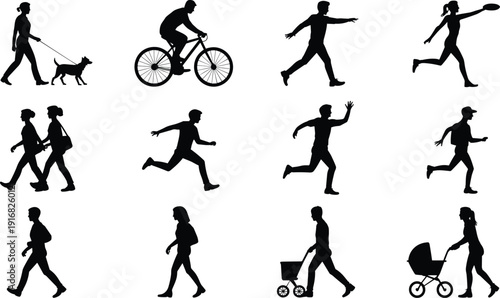 Black silhouette illustrations of people activities, walking, running, cycling, shopping, stroller, dog walking, frisbee throwing, everyday lifestyle, motion art