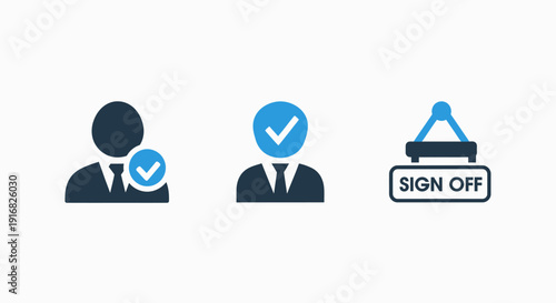 User verification icons: profile addition, verified user, and sign off, representing onboarding, confirmation, and logout processes.