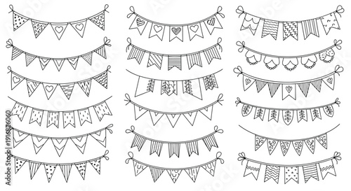 Grid of eighteen various hand drawn party bunting flags with different patterns and shapes for decorations on white background.