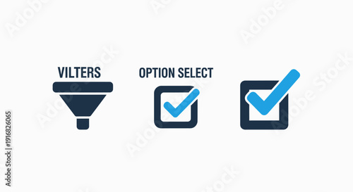 Filter and selection icons: funnel filter, option selection checkbox, and confirmed checkmark, illustrating search, filtering, and choice selection.