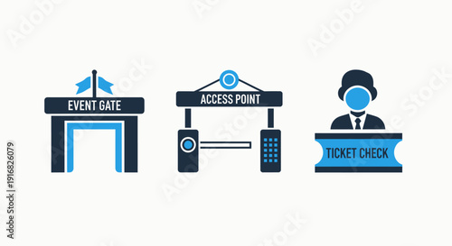 Collection of event management icons: gate, access point, and ticket check, signifying entry and verification for venues.