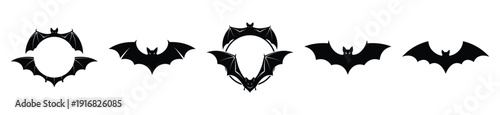 Collection of Happy Halloween bat border silhouette icon set. Vector illustration on white background.