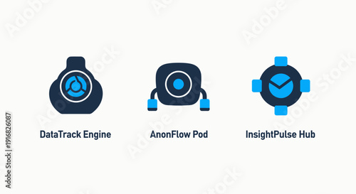 Set of three stylized technology icons representing data tracking, anonymity, and insights for business or analytics concepts.