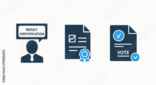 Icons representing result certification, voting, official document approval and democratic process.