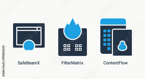 Icons for technology and software: SafeBeamX, FilterMatrix, ContentFlow, data processing, filtering, and content management.