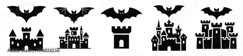Collection of Happy Halloween bat over castle silhouette icon set. Vector illustration on white background.