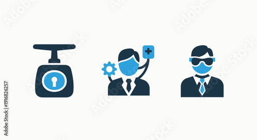 Icons for business, finance, and healthcare: scale for balance, professional with plus sign for health services, and masked professional.