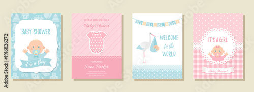 Baby Shower invite card. Baby boy and girl birth party backgrounds. Blue pink layout of invitation banner. Welcome template. Happy greeting holiday poster. Cute flyer. Vector illustration. Flat design