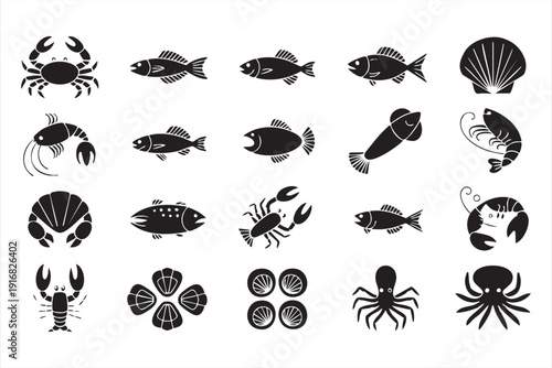 Marine Fish and Shellfish Black Vector Collection