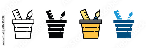 Pencil holder icon vector set. Stationery cup symbol with ruler and paint brush for office desk, art supplies, and school education. Vector Illustration.