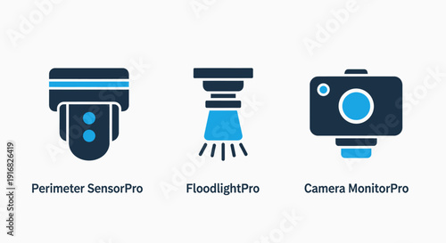 Security and monitoring icons: perimeter sensor, floodlight, and camera surveillance system.