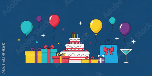 Birthday Celebration Scene with Cake Balloons Gift Boxes Shopping Bag and Cocktail Party Elements for Festive Event Greeting Banner and Poster Design