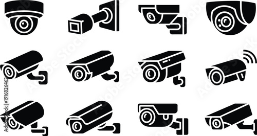 Black surveillance camera icons, security system design, dome cameras, bullet cameras, box cameras, wireless signal, safety symbol, monitoring art