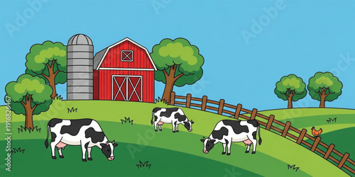Cartoon Farm Landscape with Barn Cows Trees and Fence Rural Agriculture Countryside Scene Cute Farming Vector Illustration for Kids Background Design