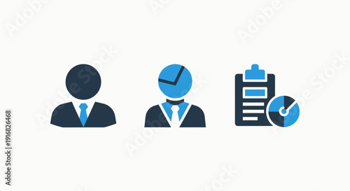 Icons depicting a person, a person with a clock, and a clipboard with a clock, symbolizing time management and productivity.