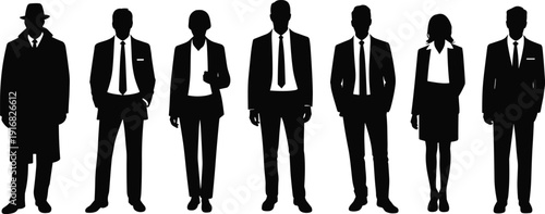 Business people silhouettes, formal attire, corporate team, professional clothing, suits and ties, workplace diversity, office fashion, business group illustration