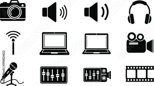 Professional black and white vector icon collection featuring camera, headphones, laptop, microphone, speaker, video camera, film strip, and audio mixer isolated on white.
