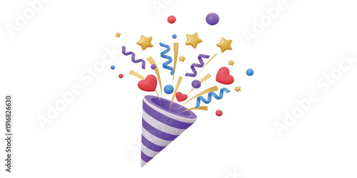 Colorful Party Popper with Confetti Stars and Hearts Explosion Celebration Icon for Birthday Event Festival Decoration Greeting Card and Holiday Design