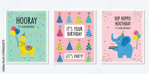 Cute Birthday Card Collection with Llama Elephant Balloons Party Hats and Confetti for Kids Celebration Greeting Posters and Fun Party Invitation Designs