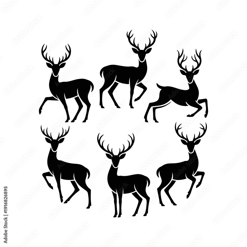 Fototapeta premium A majestic collection of seven elegant black deer silhouettes featuring prominent antlers in various graceful poses.