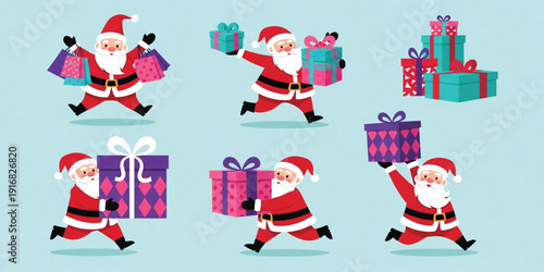 Cute Christmas Santa Claus Character Set with Holiday Shopping Bags and Colorful Gift Boxes for Winter Sale Promotions and Greeting Card Designs