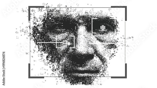 Pixelated artwork depicts a face constructed of small squares, with details and facial features